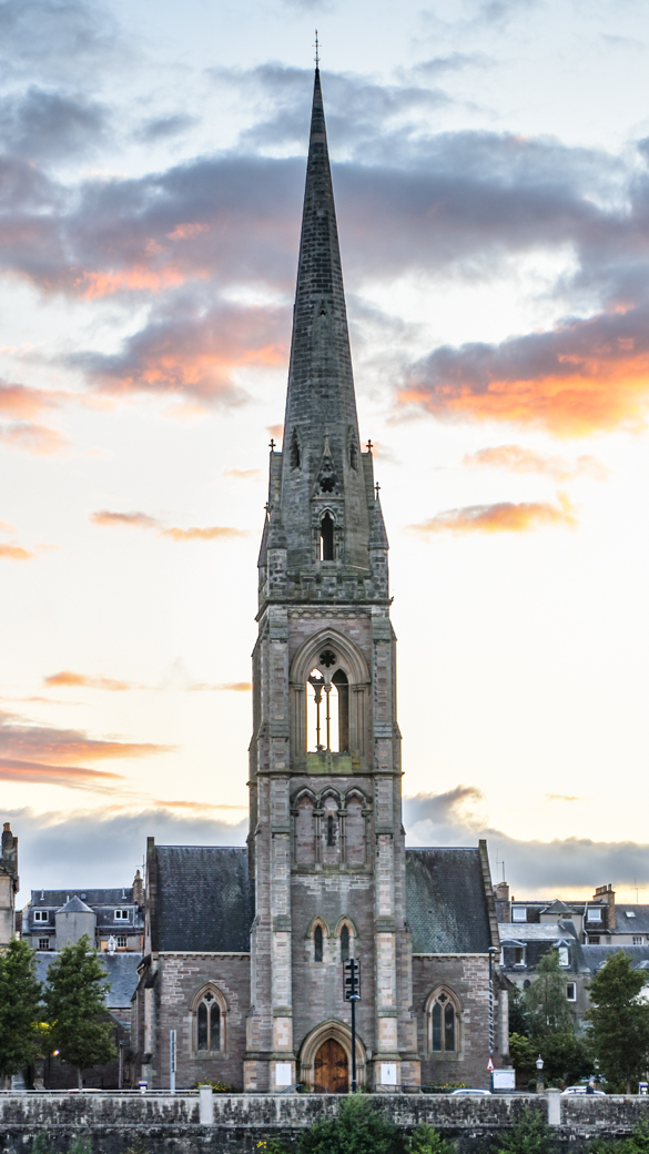 Exterior photo of iconic spire at St Matthew's Church, Tay Street, Perth